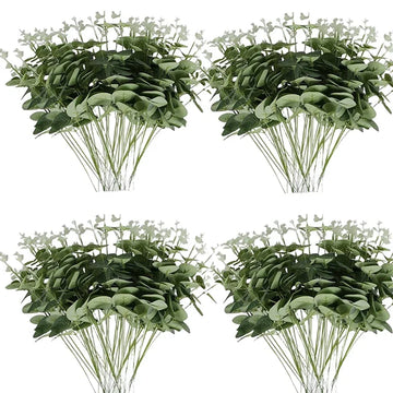 Qfdian 100 Pcs Mixed Eucalyptus Leaves Stems Bulk Artificial Silver Dollar Eucalyptus Leaves Picks Dried Eucalyptus Bundle Faux Spray
